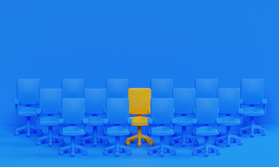 Yellow chair stands out from the crowd. Business concept. Job recruitment. Company management structure concept.