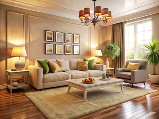 Fototapeta premium Cozy modern living room with cream walls, plush furniture, and vibrant decorative accents, set against a soft gradient background with subtle texture and depth.
