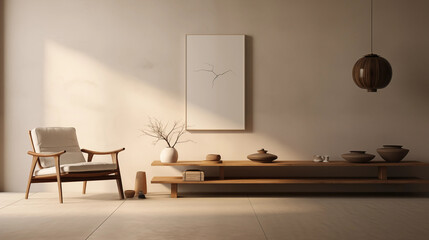 Minimalist Living Room with Wooden Shelf and Armchair
