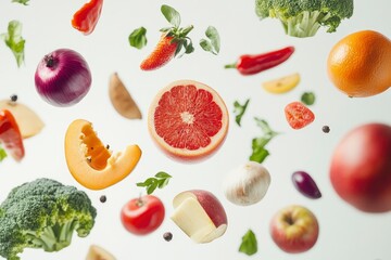 Different fresh fruits and vegetables in air on white background , ai