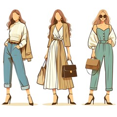 A chic flat-style illustration of fashionable women standing confidently. Great for fashion, lifestyle, and trend-oriented designs. Clean lines, modern outfits, and minimalistic composition.