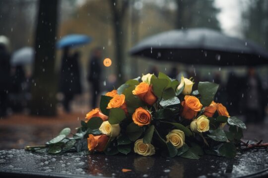 A tender farewell, a peaceful and touching farewell at a funeral, filled with love and respect for the memory of the one who has gone