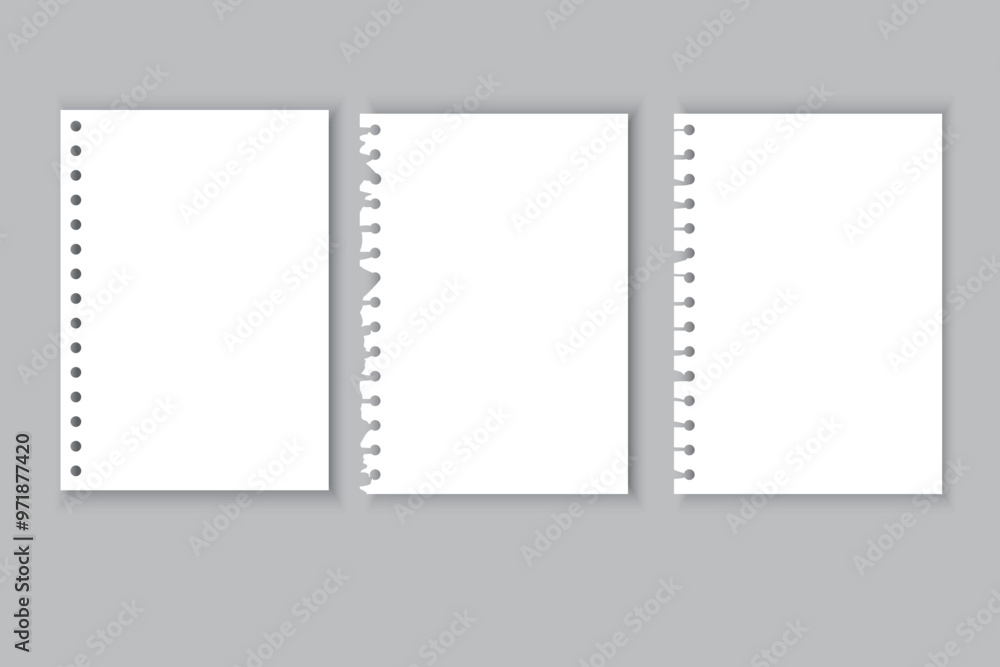 Poster three blank torn notebook pages illustration. various torn edges with shadow effect on a grey backgr