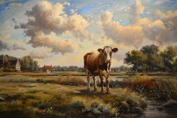 A classic oil painting of a cow in a pastoral landscape, reminiscent of the idyllic scenes