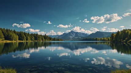 realistic landscape illustration of a lake, mountains, and a beautiful sky