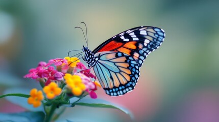 Obraz premium A delicate butterfly perched on a vibrant flower, its colorful wings showcasing intricate patterns against the backdrop of nature.
