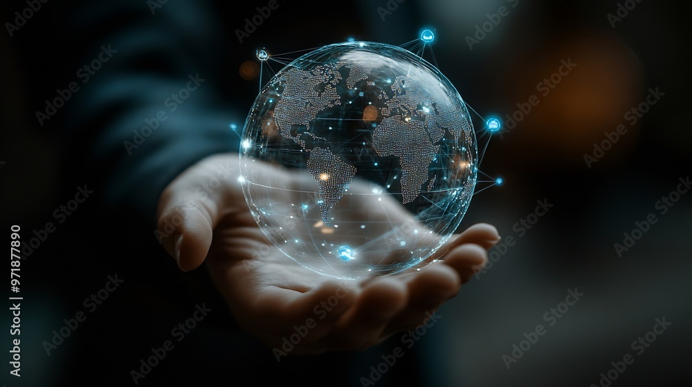Leinwandbilder hand shows the globe concept of global internet connection big data digital link technology and busi