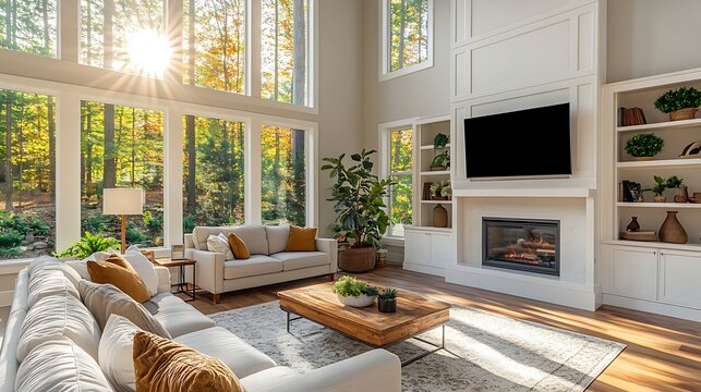 Large open concept living room with multiple expansive windows with view to garden landscaping comfortable furniture tv recliner electric fireplace hardwood floor white interior housep : Generative AI