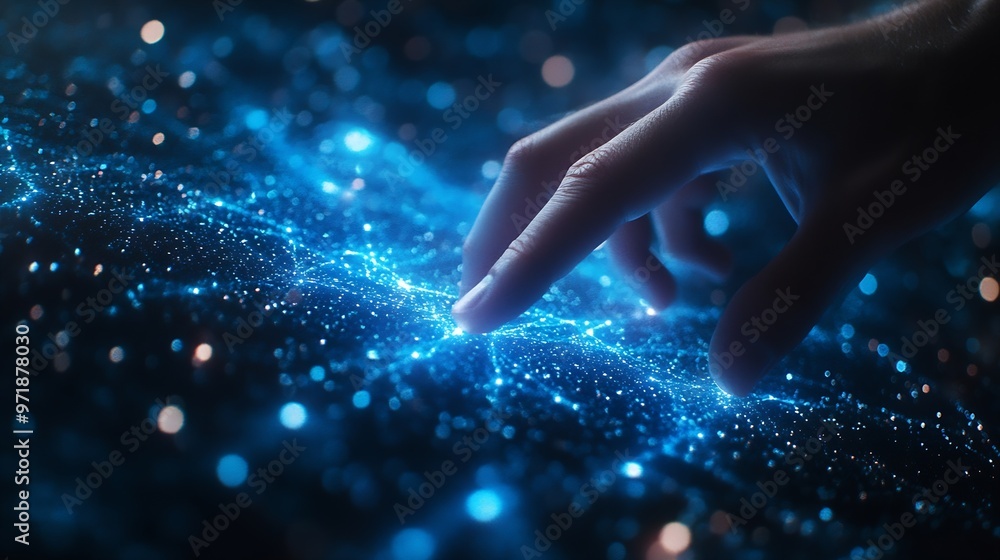 Fototapete Digital cyber era technology concept Human hand touching interconnected polygons of massive amounts of data glowing on a dark blue background New innovations that are coming to change  : Generative AI