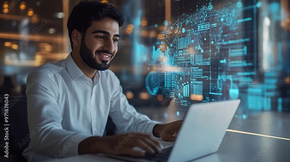 Poster smiling young professional arab manager working on a laptop in a modern office environment with futu