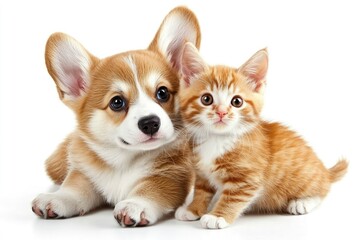 Obraz premium Cute Welsh corgi puppy and a red kitten sit together on a white background. isolated on a white background, ai