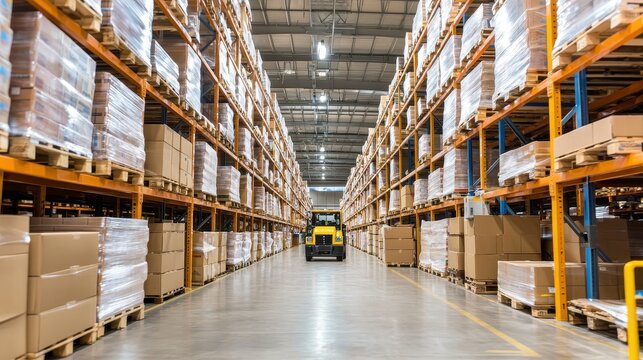 Warehouse Interior With Forklift and Pallets of Cardboard Boxes