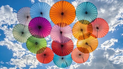 Naklejka premium Artistic pattern of colorful umbrellas floating against a white-cloud background, creating a beautiful and dynamic visual experience