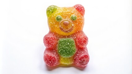 Vibrant gummy bear sits on a crisp white background, its jelly-like form bursting with color and whimsy.