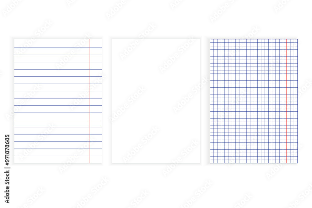 Poster notebook paper set. lined sheet vector. blank and grid papers. school stationery templates.
