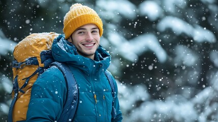 Winter hike on snow mountain young happy hiker man climbing Europe travel adventure trek in nature landscape Young cheerful person wearing yellow hat blue jacket for cold weather and b : Generative AI