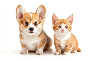 Obraz premium Cute Welsh corgi puppy and a red kitten sit together on a white background. isolated on a white background, ai