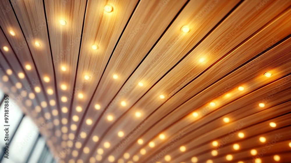 Poster Wooden Laminate Abstract Ceiling Design Modern Interior Architecture Background Structure with LED Linear Light : Generative AI