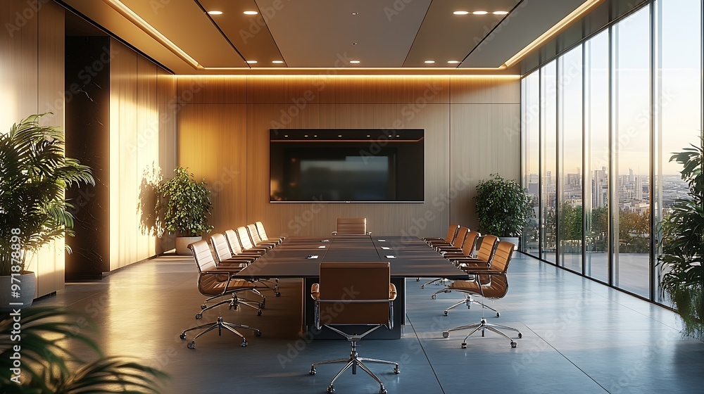 Poster new board room with table chairs and plasma display : generative ai