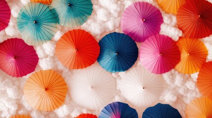 Naklejka premium Artistic pattern of colorful umbrellas floating against a white-cloud background, creating a beautiful and dynamic visual experience