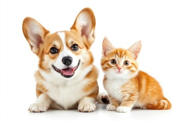 Cute Welsh corgi puppy and a red kitten sit together on a white background. isolated on a white background, ai