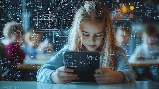 Image of mathematical equations over school children using smartphone and laptop in classroom education learning and technology concept digitally generated image : Generative AI