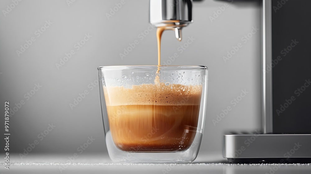 Poster process of making coffee by coffee machine into glass transparent cup espresso coffee coming out fro