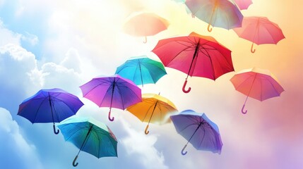 Obraz premium Artistic pattern of colorful umbrellas floating against a white-cloud background, creating a beautiful and dynamic visual experience