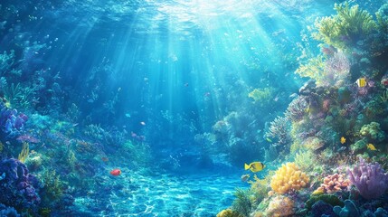 Fototapeta premium A dreamy underwater scene with vibrant coral reefs, tropical fish, and sunbeams piercing through the clear blue water for a captivating wallpaper.