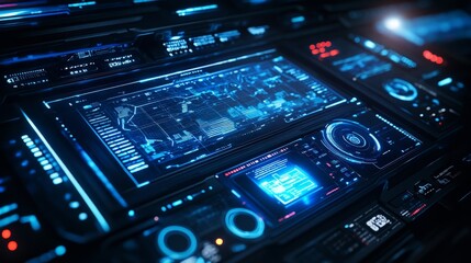 Obraz premium A futuristic digital interface with neon holographic elements is displayed in a high-tech control room.