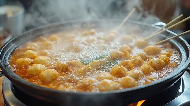Closeup of Eomugfish cake with skewers on soup with vapor in the pot for sale South Korea : Generative AI