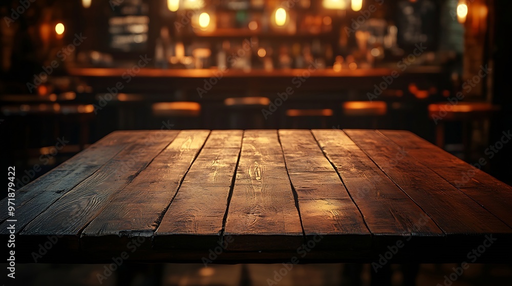 Poster empty real wood table top with light reflection on scene at restaurant pub or bar at night blurred b