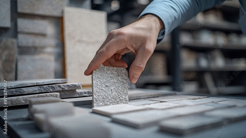 Poster architect hand choosing and pointing at stone material samples or tile texture collection on the tab