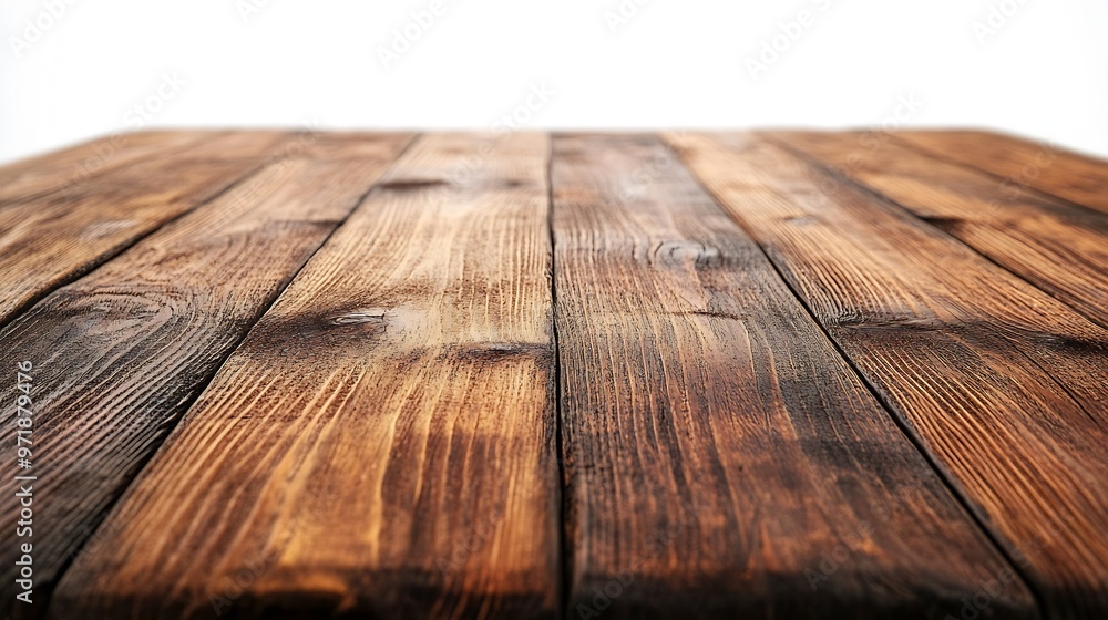 Poster empty brown wooden table isolated on white : generative ai