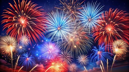 Naklejka premium Vibrant red, white, and blue fireworks erupt against a dark canvas, their delicate patterns unfolding like a