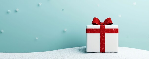 A beautifully wrapped gift box with a red bow, set against a soft blue background, perfect for festive and special occasions.