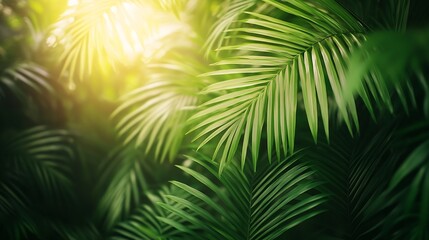 Obraz premium closeup of lush green tropical vegetation jungle with palm leaves in sunshine beauty in tropical nature banner concept for wallpaper travel vacation : Generative AI