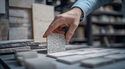 Architect hand choosing and pointing at stone material samples or tile texture collection on the table in studio Designer working for interior architecture and furniture design project : Generative AI