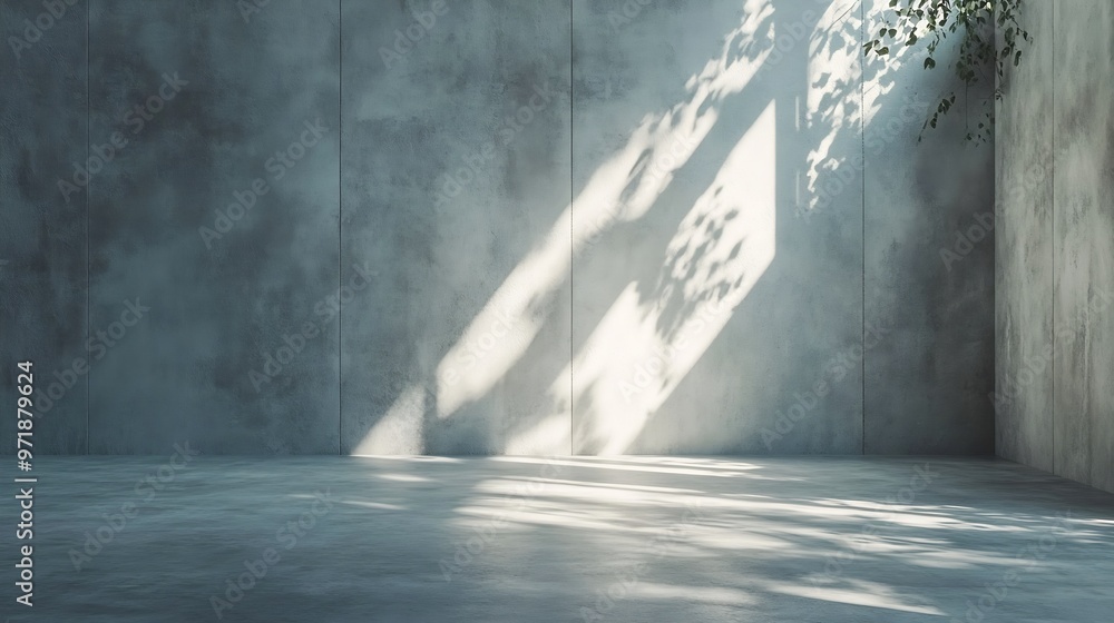 Aufkleber empty abstract room corner with sunlight beams and trees leafs shadows room made of concrete floor a