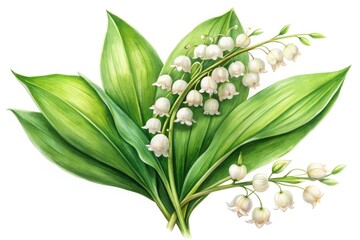 Obraz premium Delicate, hand-painted illustration of a sprig of lily of the valley, featuring bell-shaped flowers and lush greenery on a soft, creamy white background.