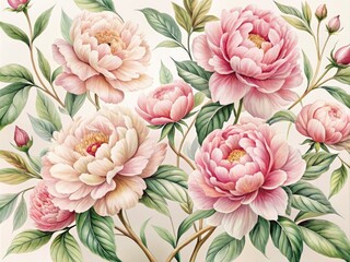 Delicate, hand-painted peony illustration in soft pink hues, adorned with intricate details and gentle foliage, evoking a sense of vintage elegance and refinement.