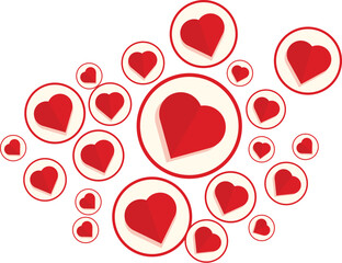 Red hearts are floating on a white background creating a festive valentine's day background