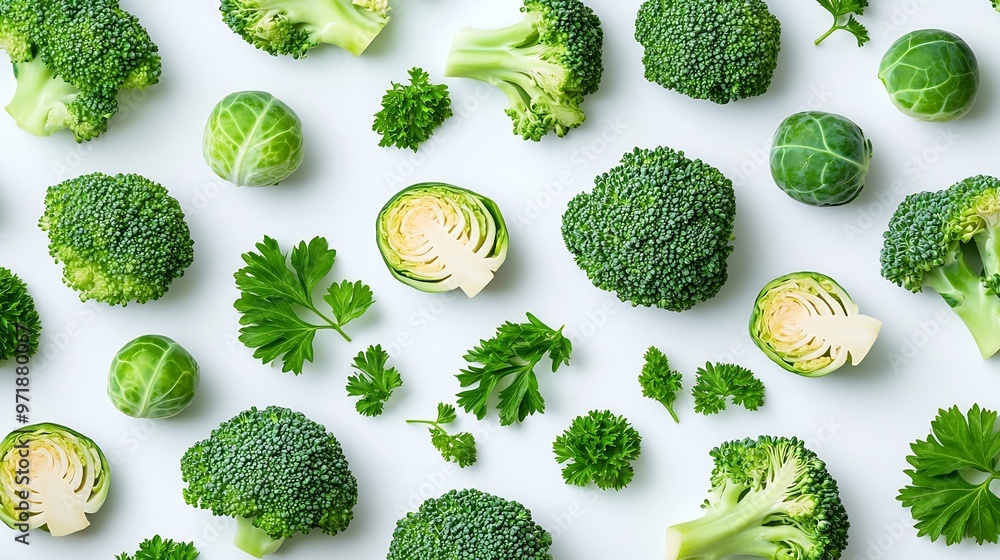 Poster broccoli brussel sprouts parsley pattern isolated on white background immunity booster healing food 