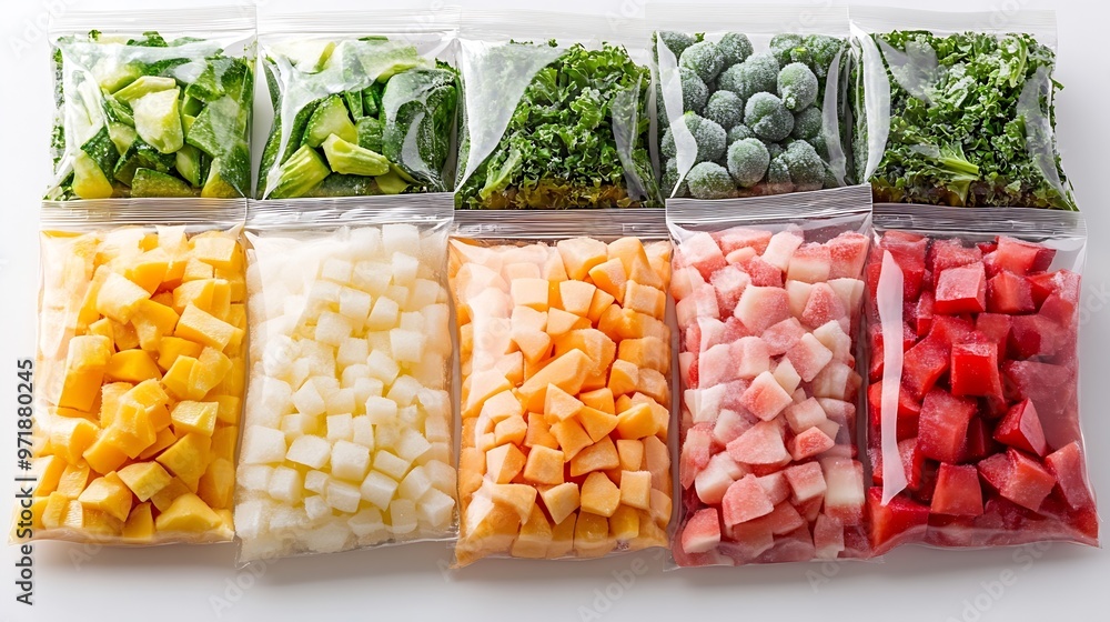 Poster mix of different frozen vegetables in zip bag isolated on white : generative ai