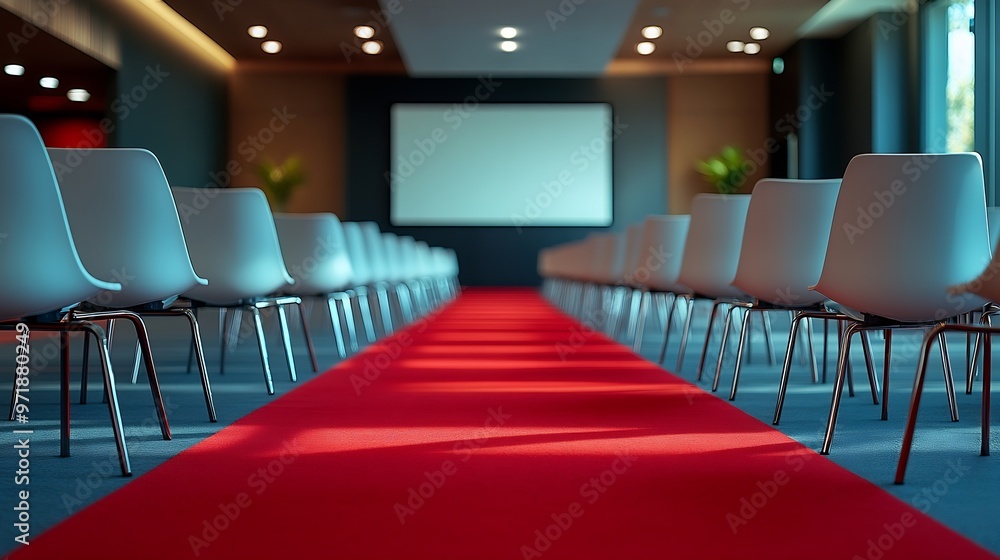 Poster Screen chairs and projector in empty conference hall with a red carpet on the floor : Generative AI