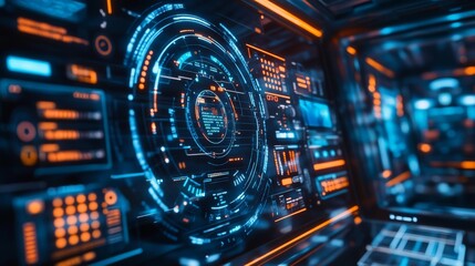 Fototapeta premium A holographic interface with neon accents floats in a sleek, futuristic workspace, displaying complex data and interactive controls.