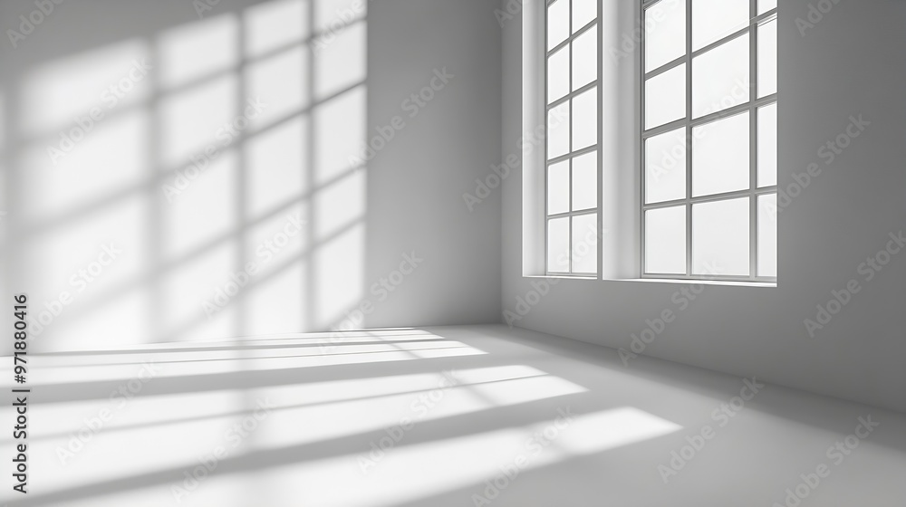 Leinwandbilder Empty white corner Abstract studio background for product presentation 3d room with shadows of window Minimalistic space concept with blurred backdrop : Generative AI