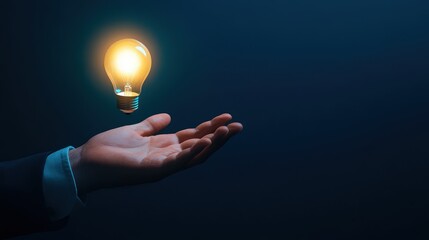 Illuminating Innovation - Close-up of Businessman's Hand Holding Glowing Lamps on Dark Blue Background with Mockup Text Space for Energy and Inspiration Concepts