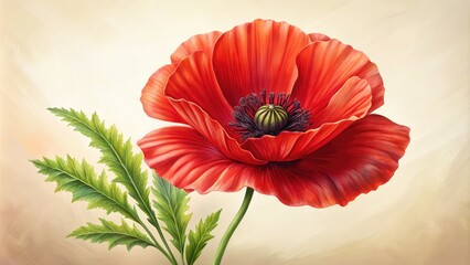 Delicate, intricately detailed illustration of a vibrant red poppy flower, with subtle shading and texture, set against a soft, creamy white background.