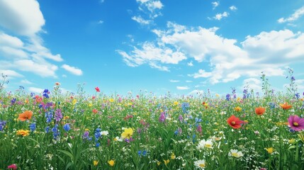 Obraz premium A lush green meadow with colorful wildflowers in full bloom, under a clear blue sky, offering a vibrant and refreshing nature-inspired wallpaper.